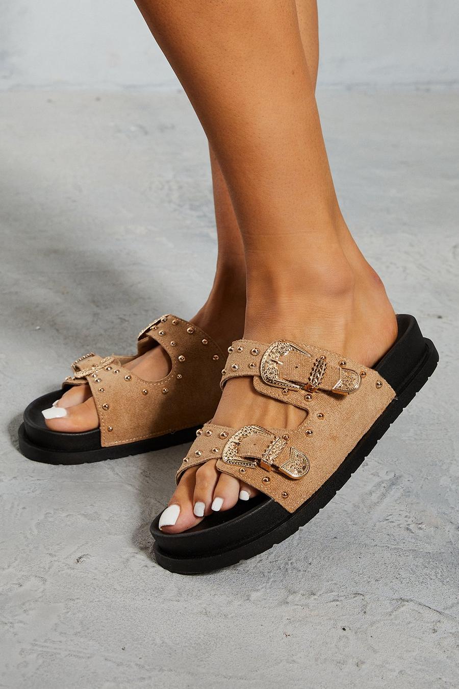 Tan Studded Faux Suede Buckle Sliders