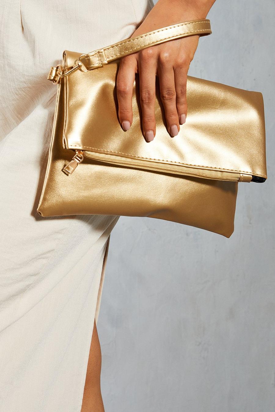 Gold Leather Look Fold Over Clutch Bag image number 1