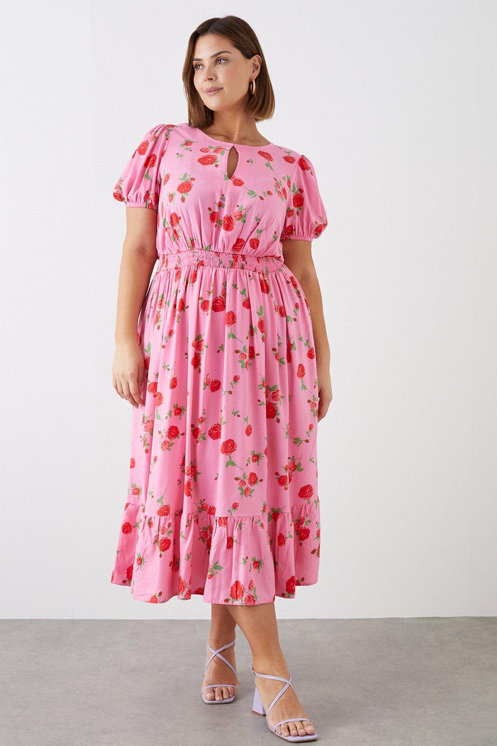 Women’s Curve Pink Floral Keyhole Midi Dress - 18