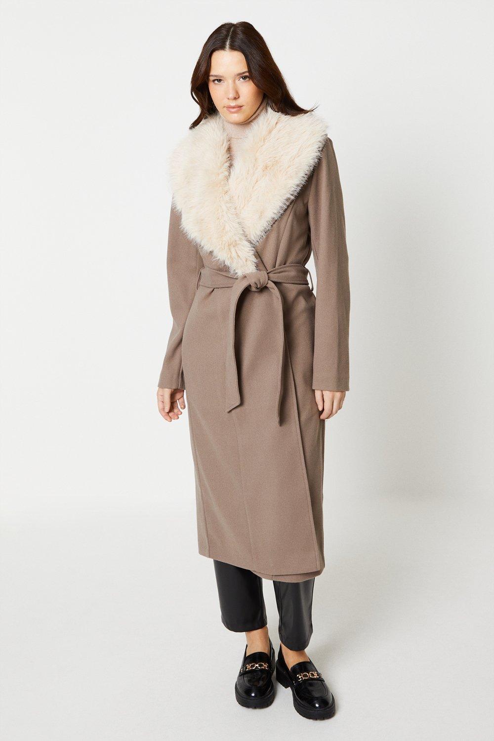 Women’s Faux Fur Trim Longline Wrap Coat - mink - L