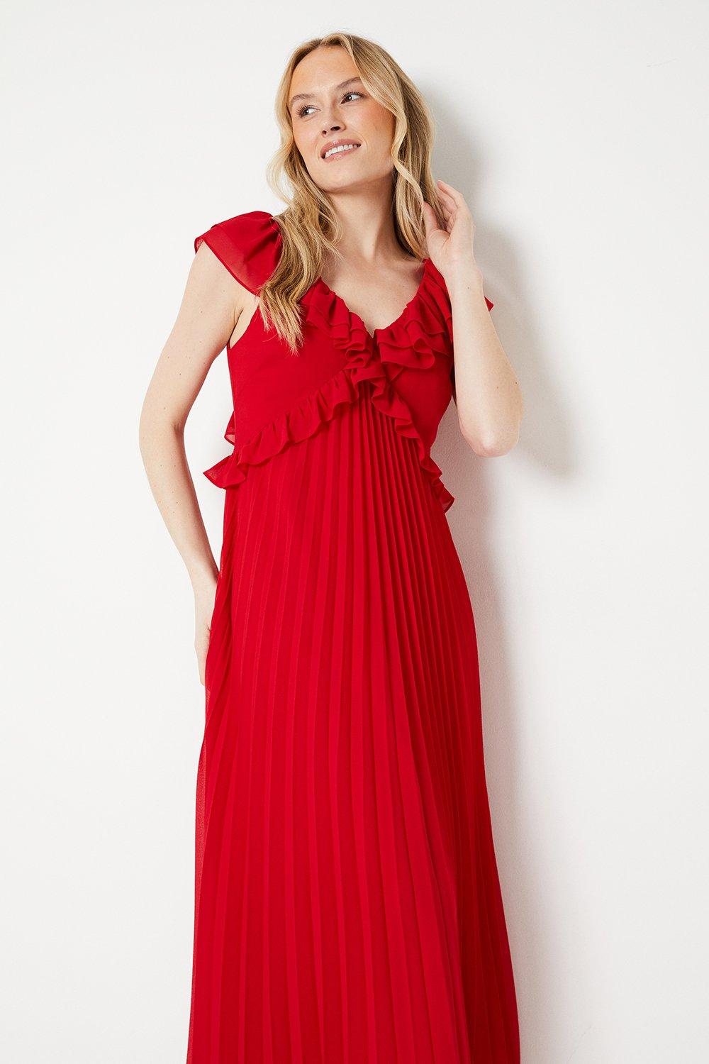 Women’s Frill Pleated Chiffon Midi Dress - red - 8