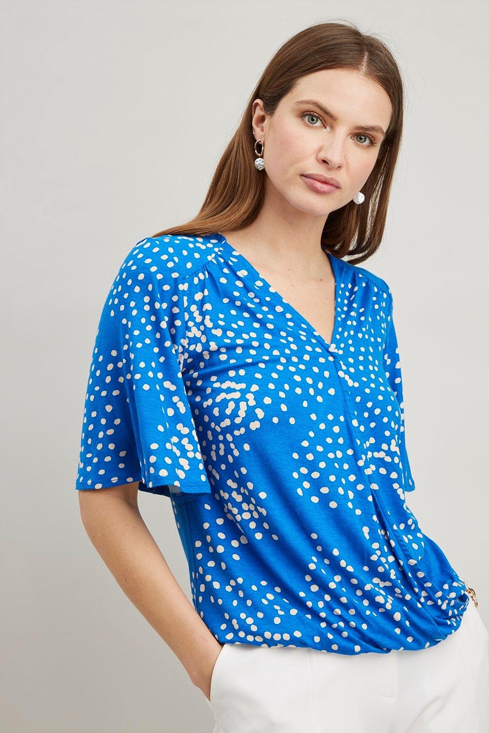 Tops Blue Spot Angel Sleeve Jersey Wrap Top Wallis