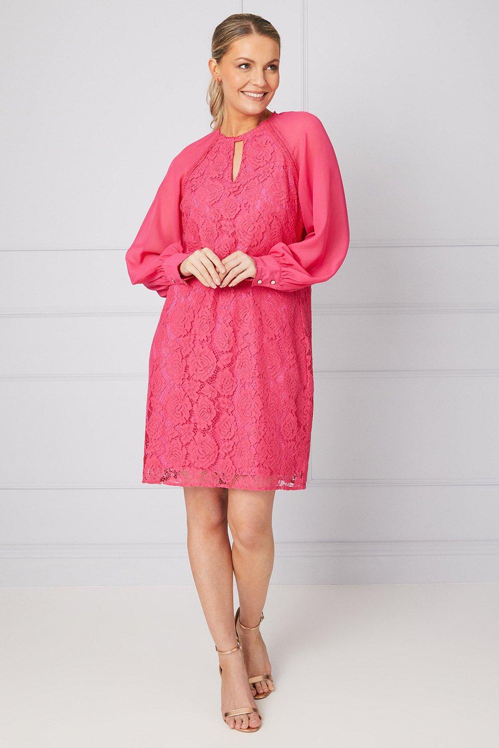 Womens Occasion Premium Lace Chiffon Sleeve Shift Dress