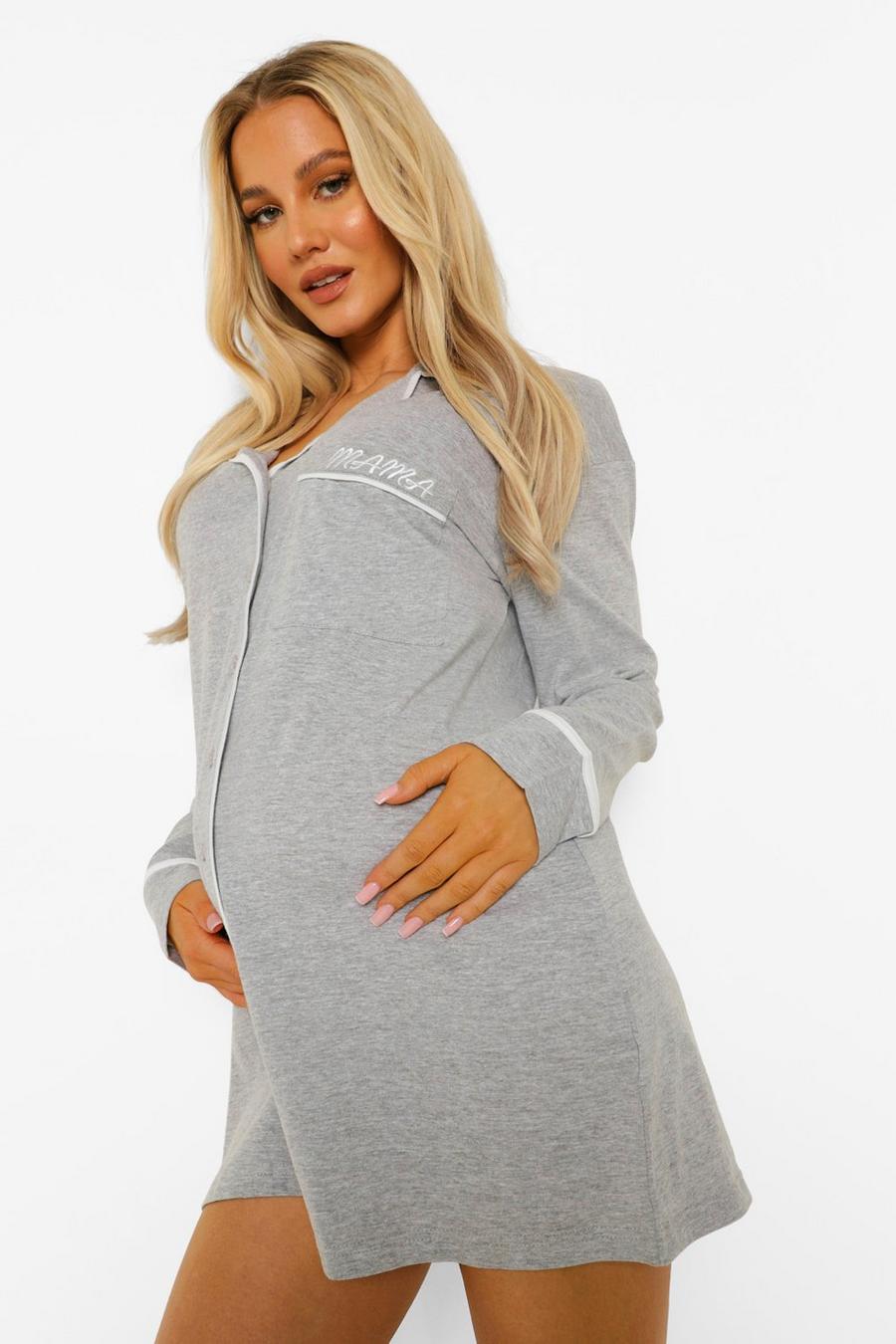 Grey Maternity Jersey Knit Button Embroidered Nightgown