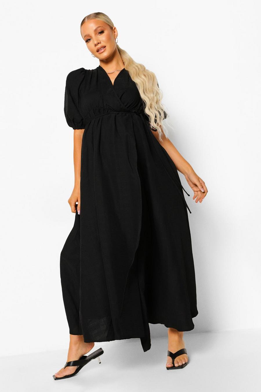 Black Maternity Crinkle Wrap Midi Dress
