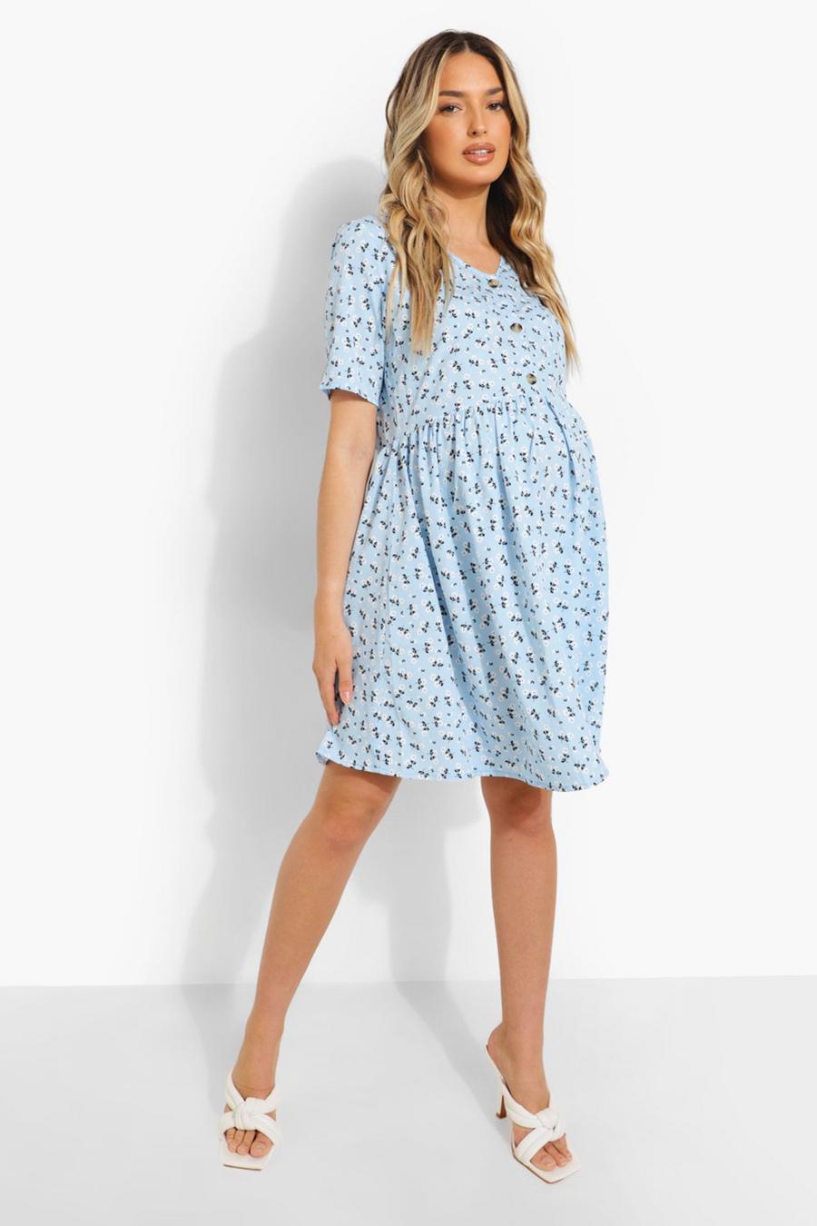 Blue Maternity Floral Button Down Smock Dress image number 1