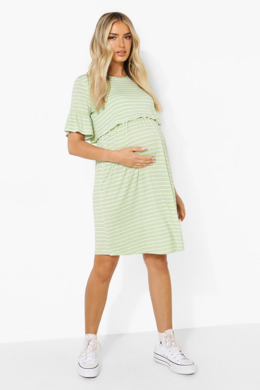 Sage green Maternity Stripe Nursing Smock Dress