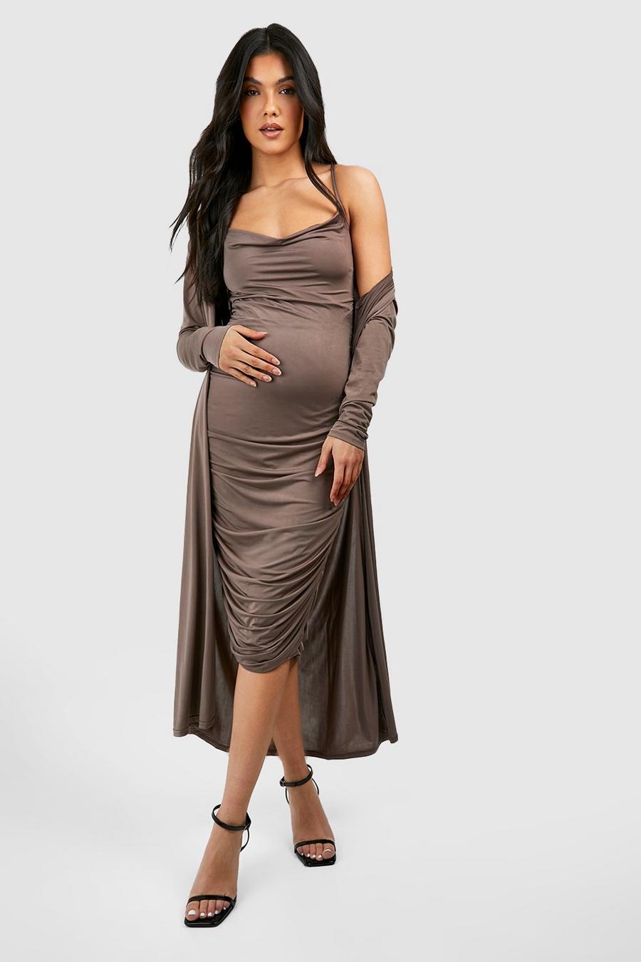 Mocha Maternity Strappy Cowl Neck Dress And Duster Coat