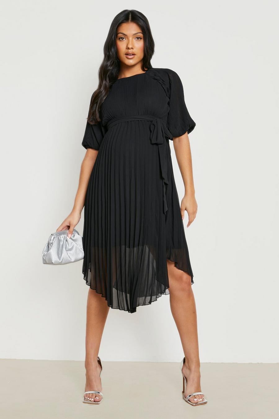 Black Maternity Tie Waist Pleated Puff Sleeve Midi Dress