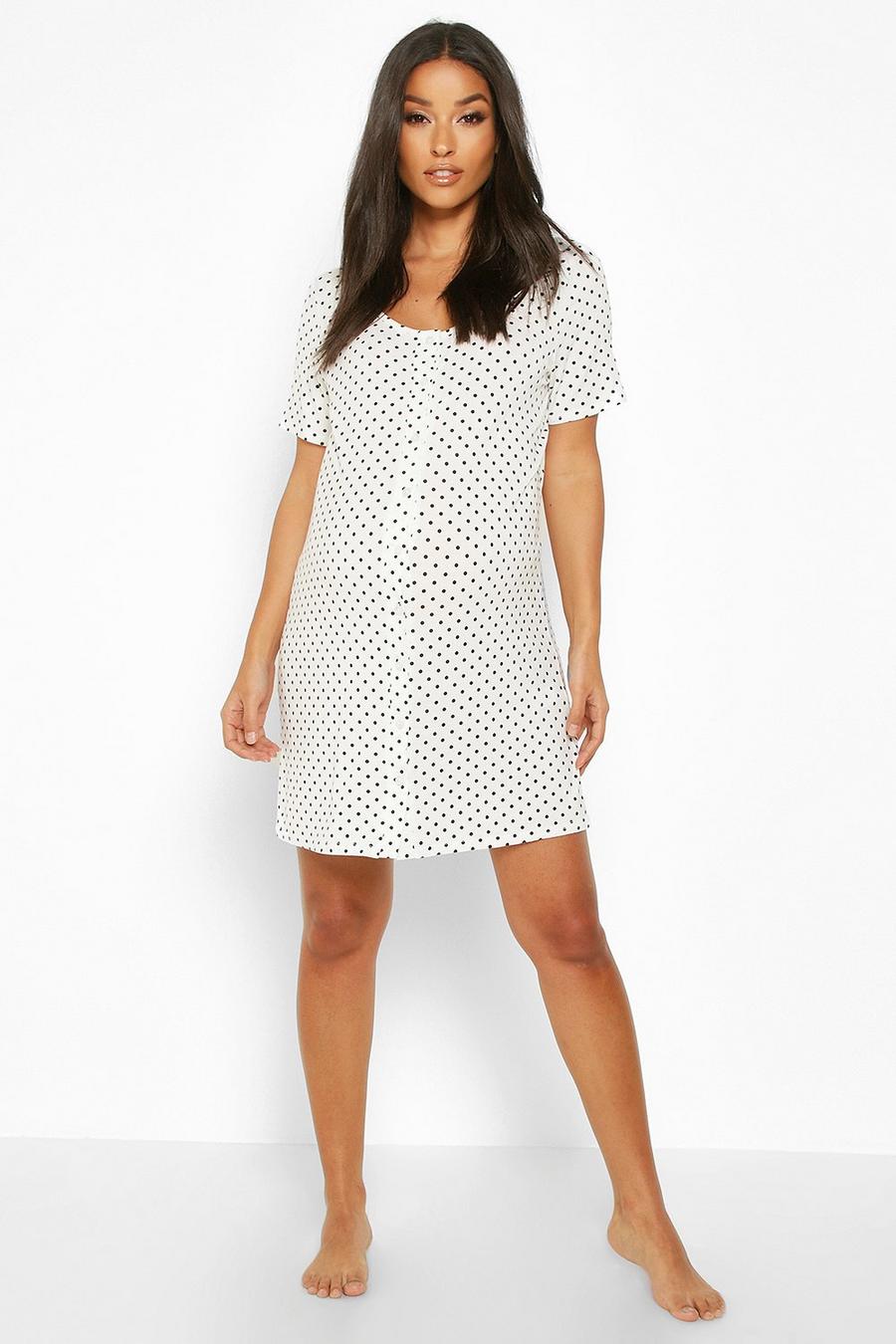 White Maternity Polka Dot Button Front Nightgown