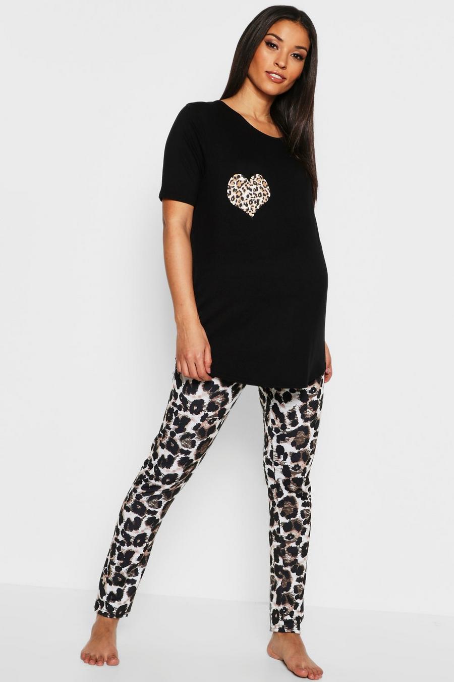 Black Maternity Leopard Heart Pyjama Set