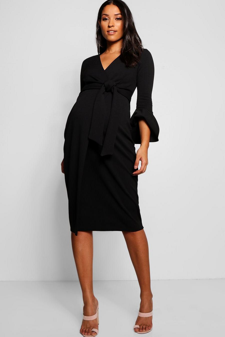 Black Maternity Ruffle Sleeve Wrap Dress image number 1
