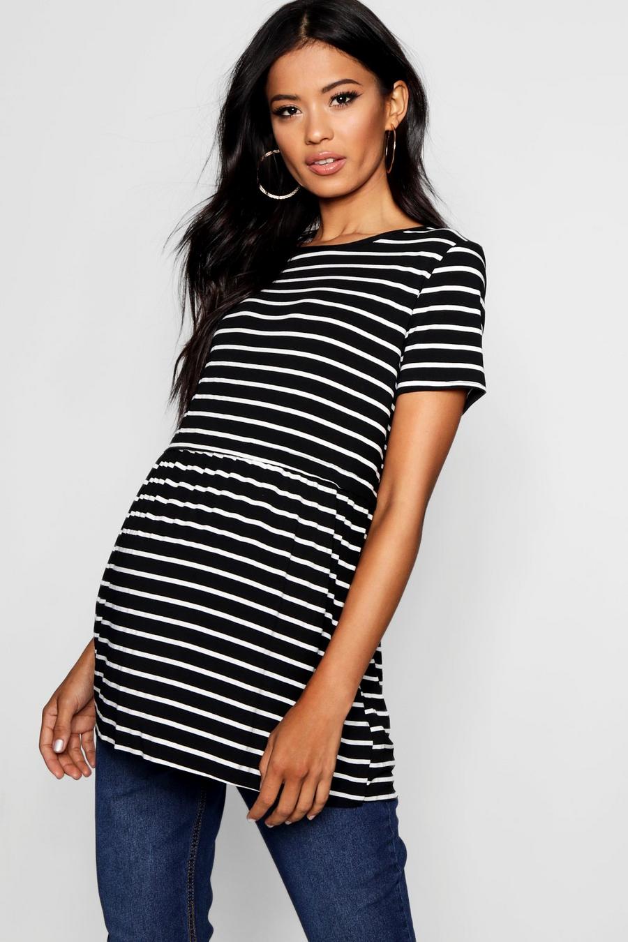 Maternity Striped Smock Top, Black image number 1