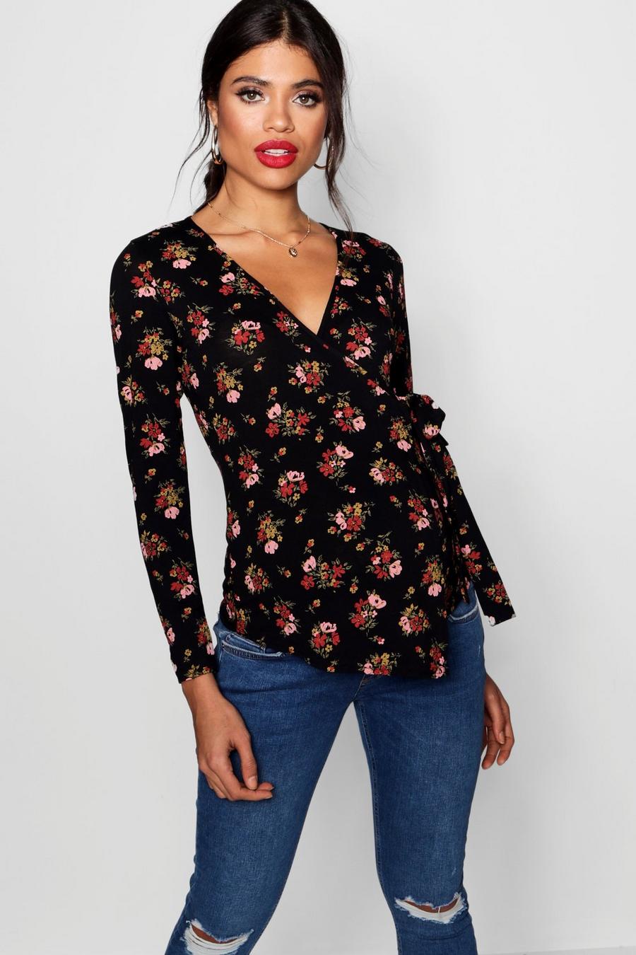 Maternity  Floral Long Sleeve Wrap Top, Black image number 1