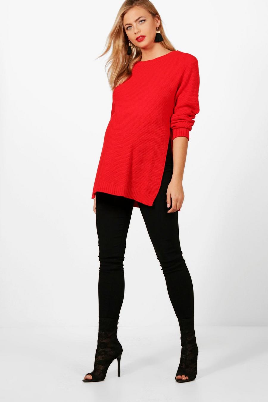 Red Maternity Side Split Moss Stitch Sweater image number 1