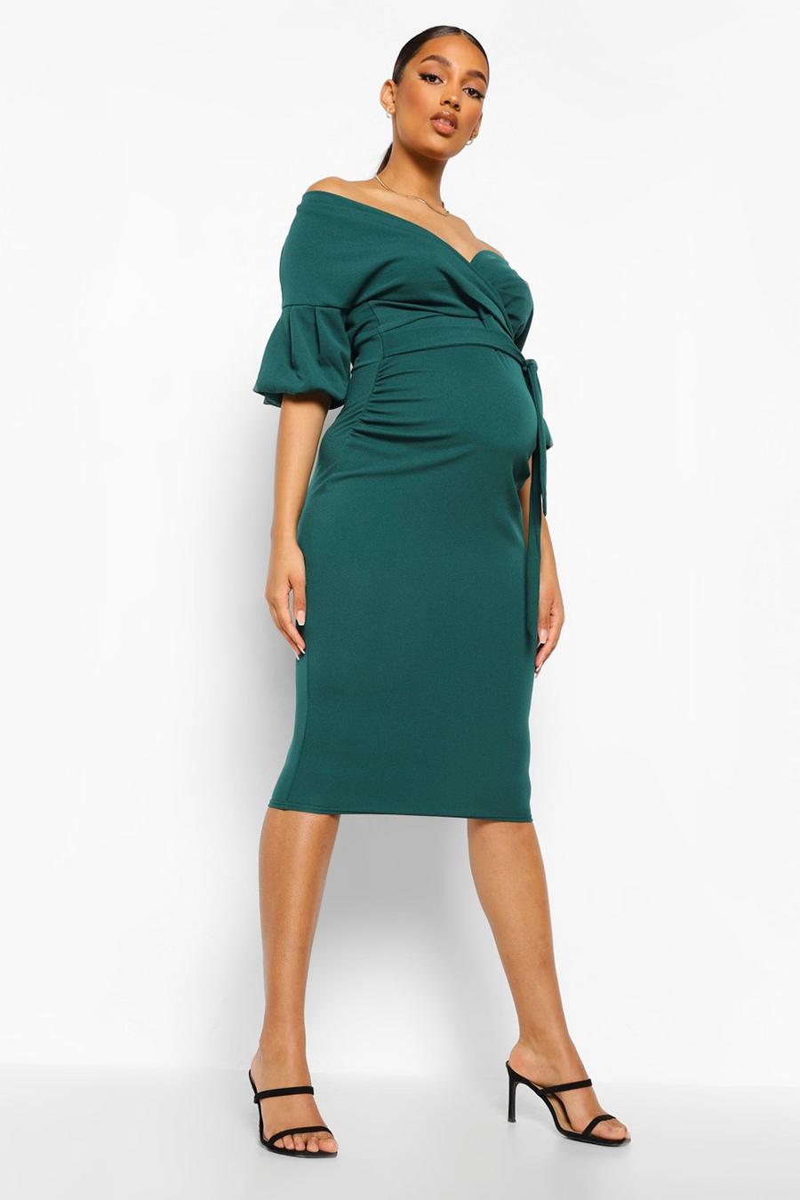 Emerald Maternity Off The Shoulder Wrap Midi Dress