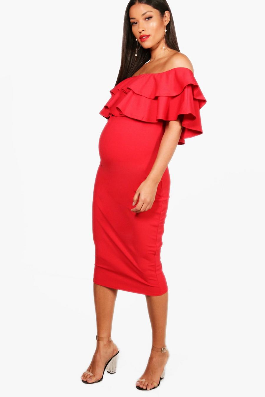 Maternity  Ruffle Off The Shoulder Midi Dress, Red image number 1