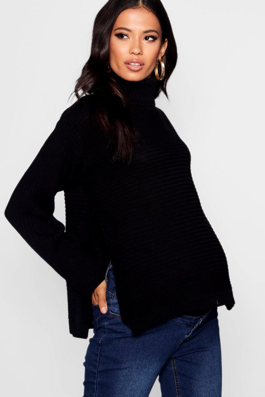 Black Maternity Turtleneck Sweater With Side Split