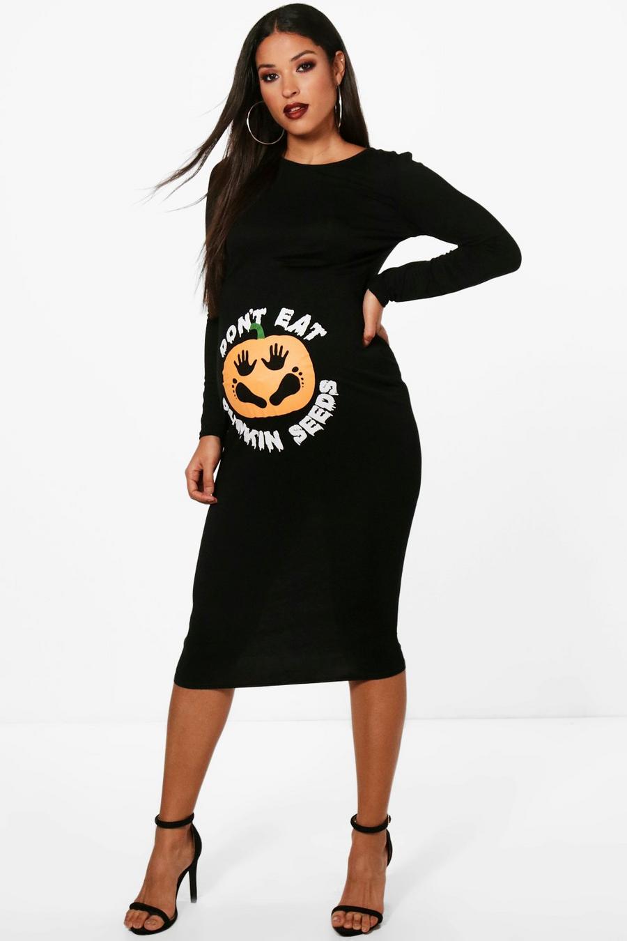 Black Maternity Pumpkin Halloween Bodycon Dress image number 1