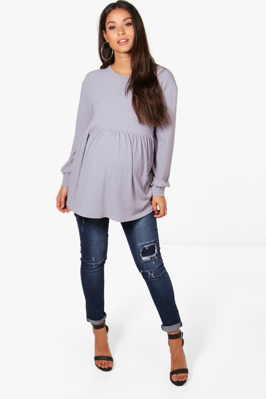 Grey Maternity Ribbed Smock Sweater image number 1