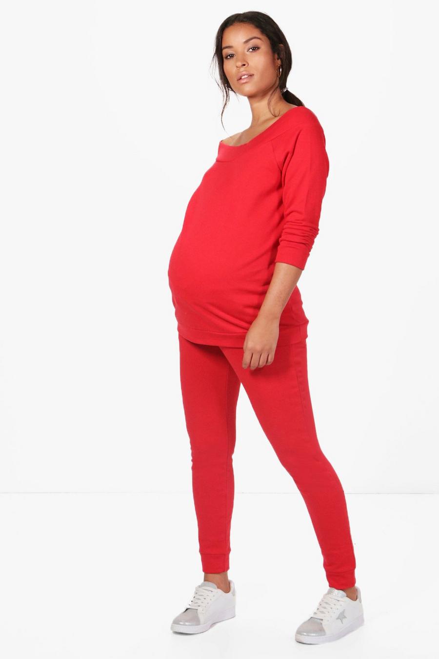 Red Maternity Off The Shoulder Top & Lounge Set image number 1