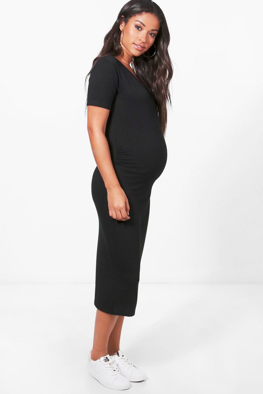 Black Maternity Short Sleeve Midi Dress
