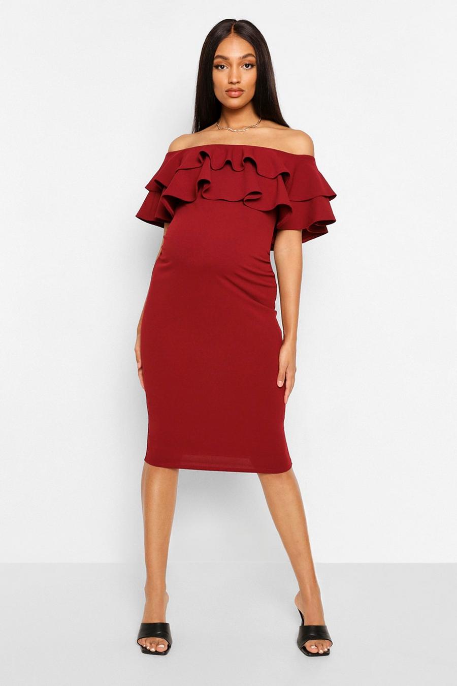 Berry Maternity Ruffle Off The Shoulder Midi Dress image number 1