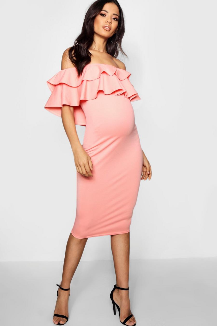 Coral blush Maternity Ruffle Off The Shoulder Midi Dress image number 1