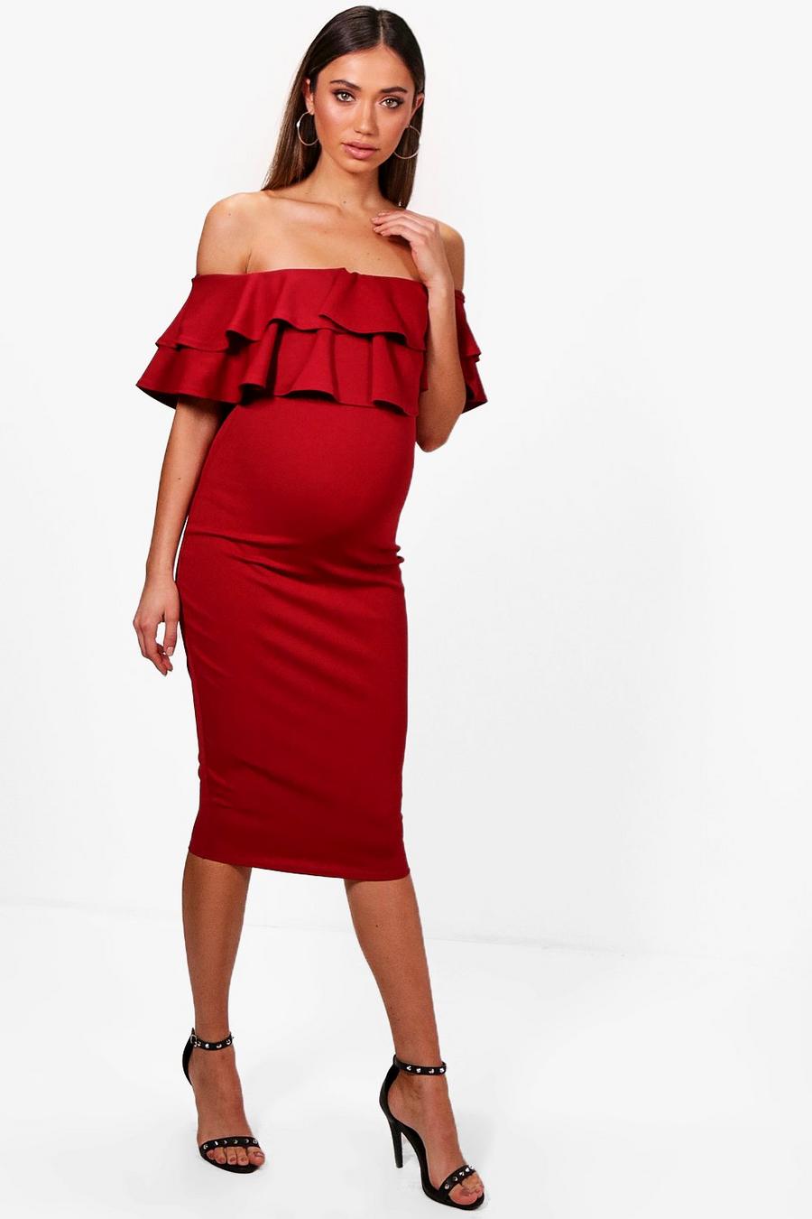 Cranberry Maternity  Ruffle Off The Shoulder Midi Dress image number 1