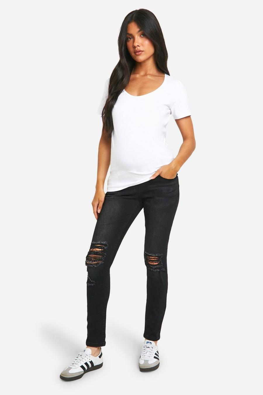 Black Maternity Over The Bump Rip Skinny Jeans image number 1