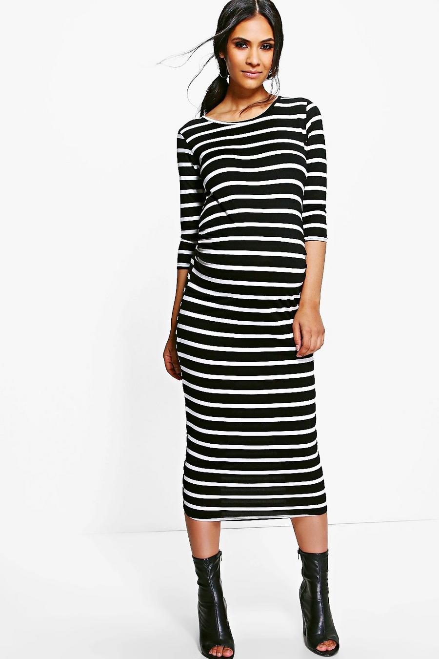Black Maternity  Striped Long Sleeve Midi Dress image number 1