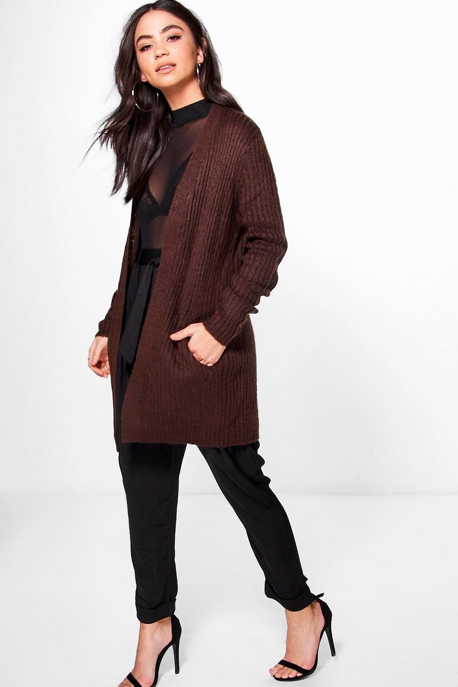Chocolate Phoebe Mid Length Open Front Cardigan image number 1
