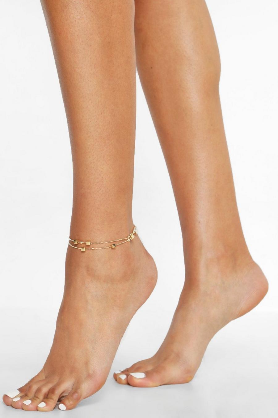 Gold Cube Pendant Double Chain Anklet image number 1