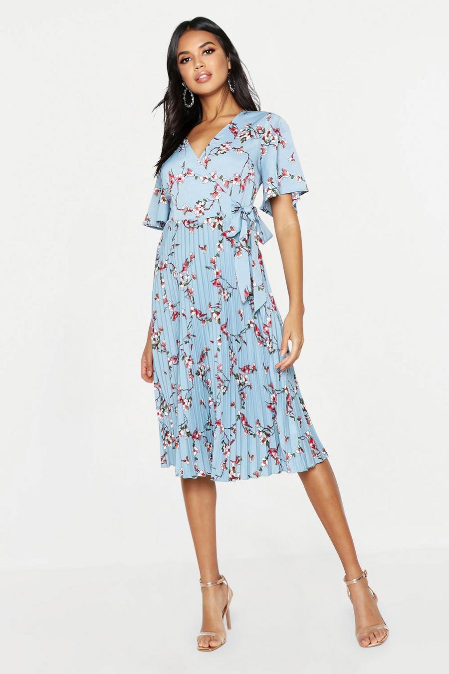 Blue Floral Print Pleated Midi Skater Dress