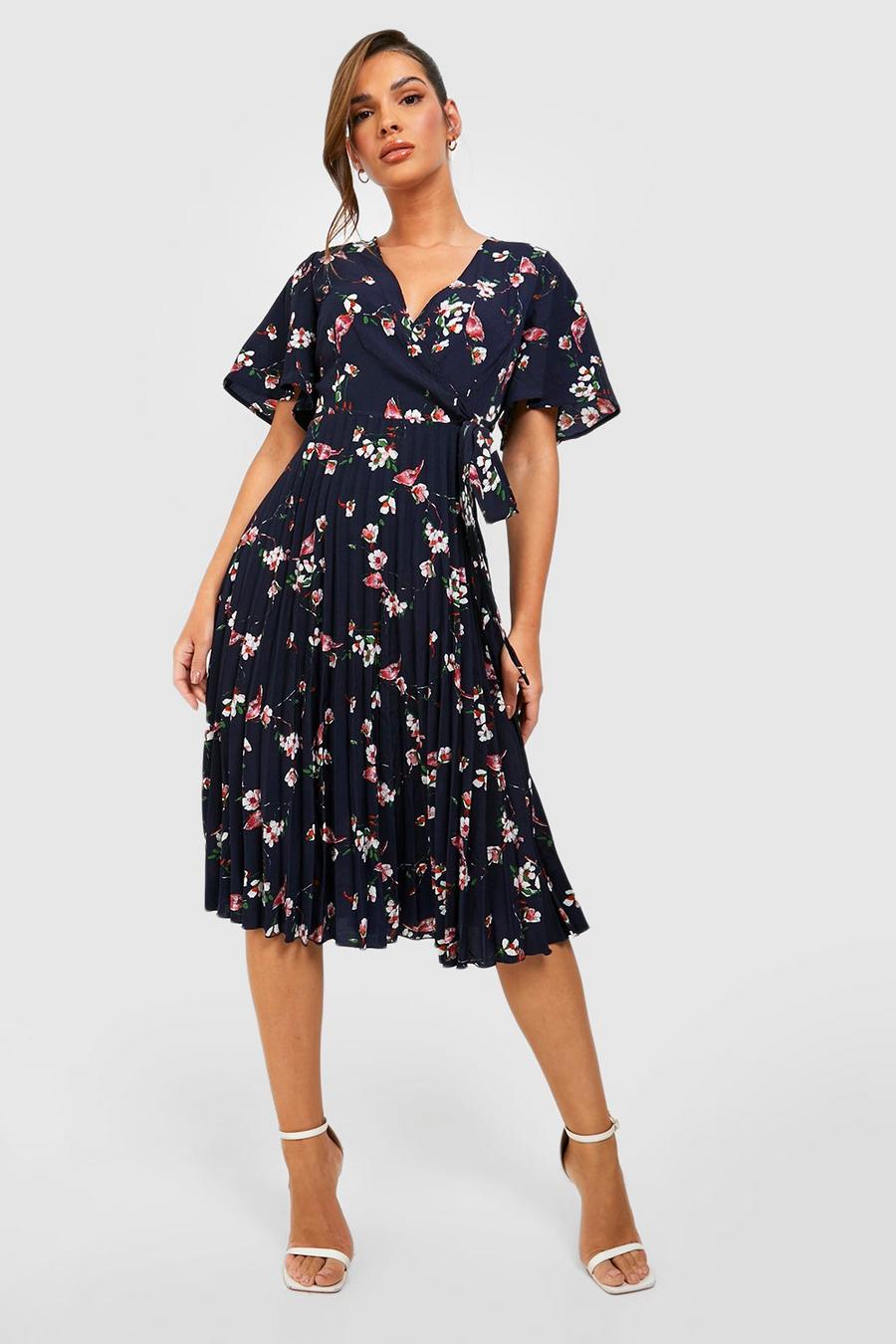 Navy Floral Print Pleated Midi Skater Dress