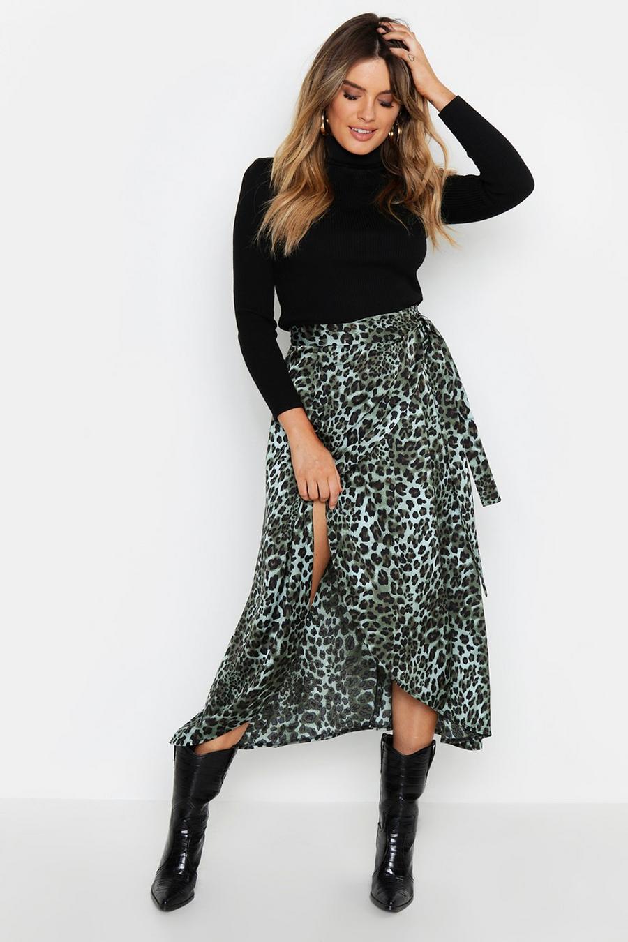 Green Satin Leopard Wrap Midi Skirt image number 1