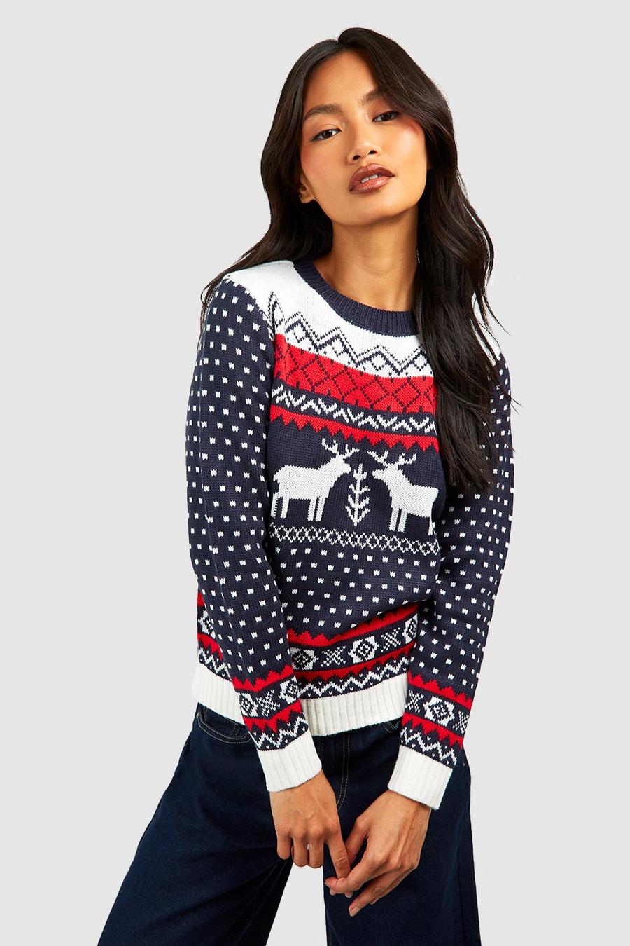 Pullover natalizio con renne in stile Fair Isle e motivo azteco, Blu oltremare