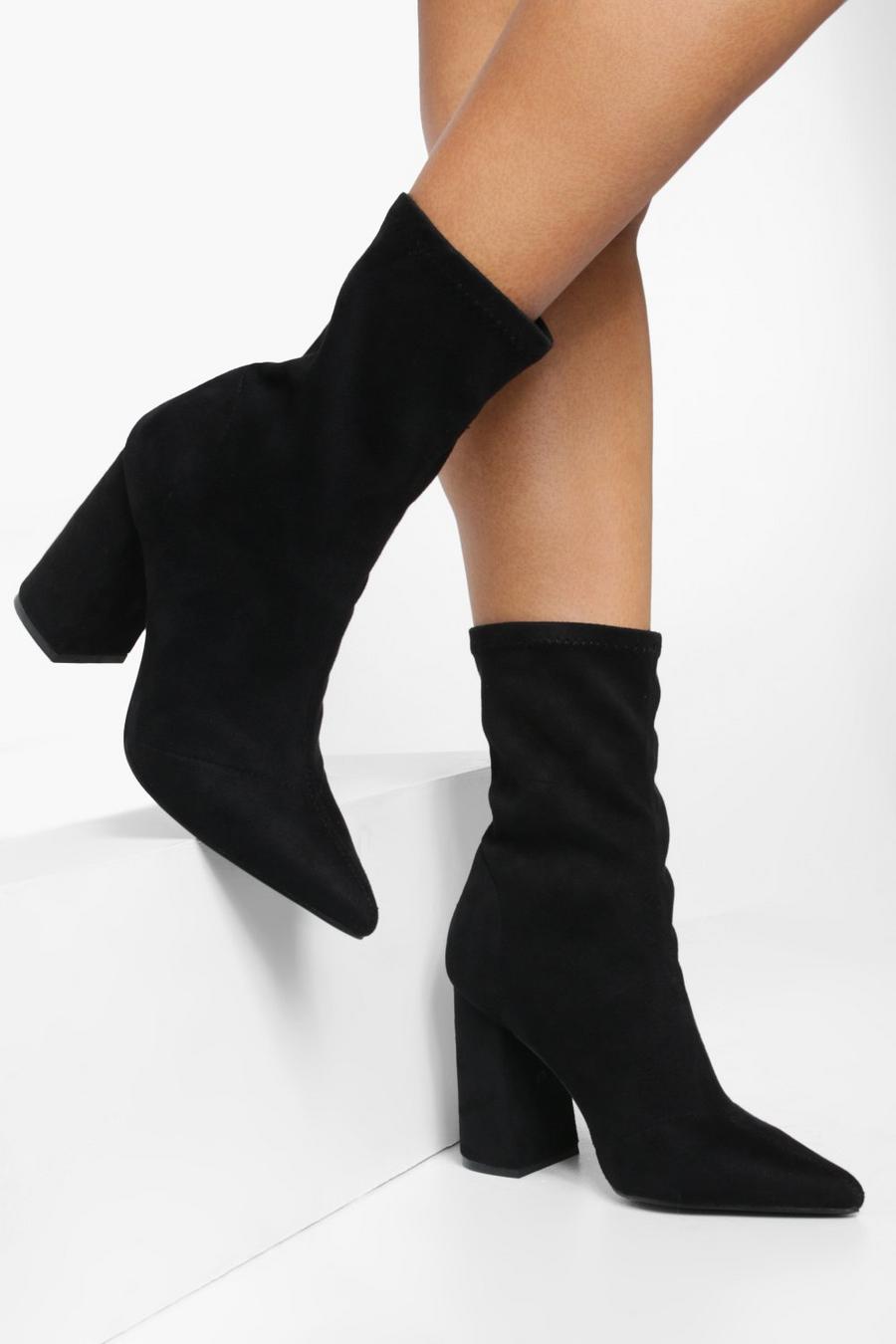 Spitze Socken-Stiefel mit Blockabsatz, Schwarz
