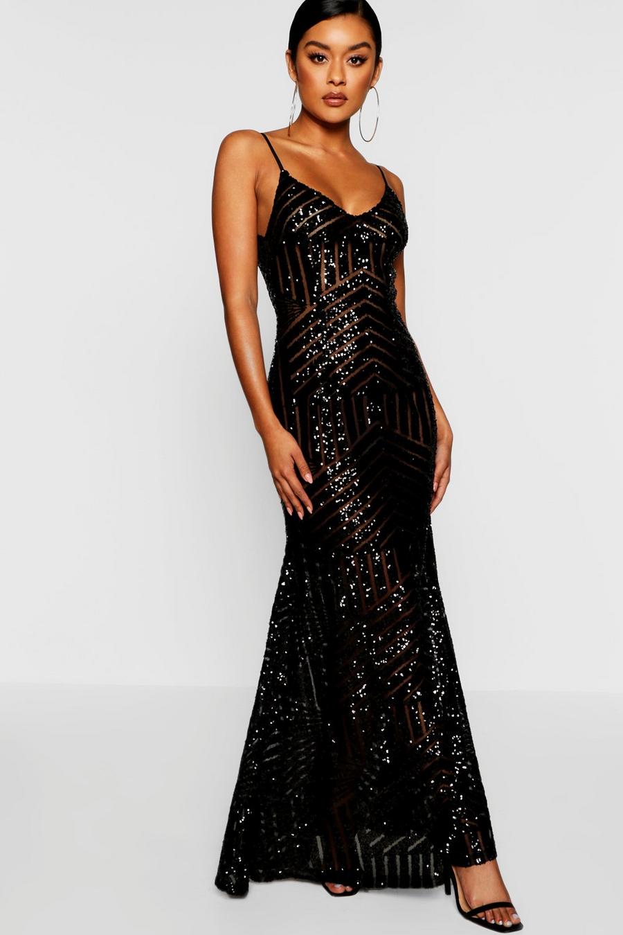 Black Sequin & Mesh Strappy Maxi Party Dress