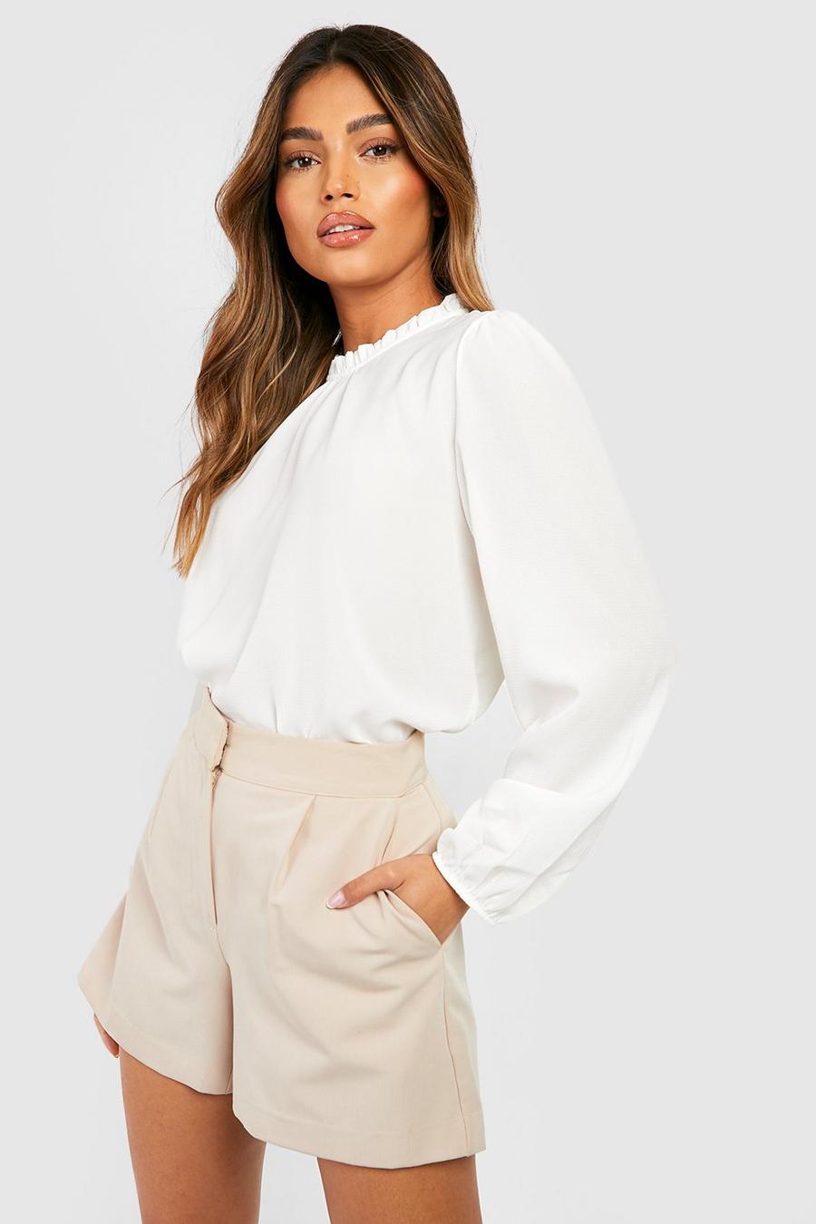 Ivory Frill Neck Long Sleeve Woven Blouse