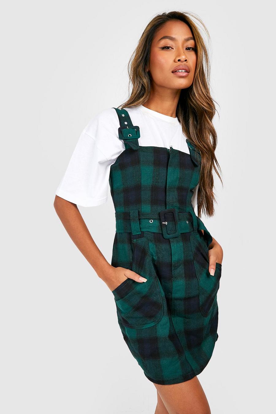 Green Checked Buckle Detail Pinafore Dress image number 1