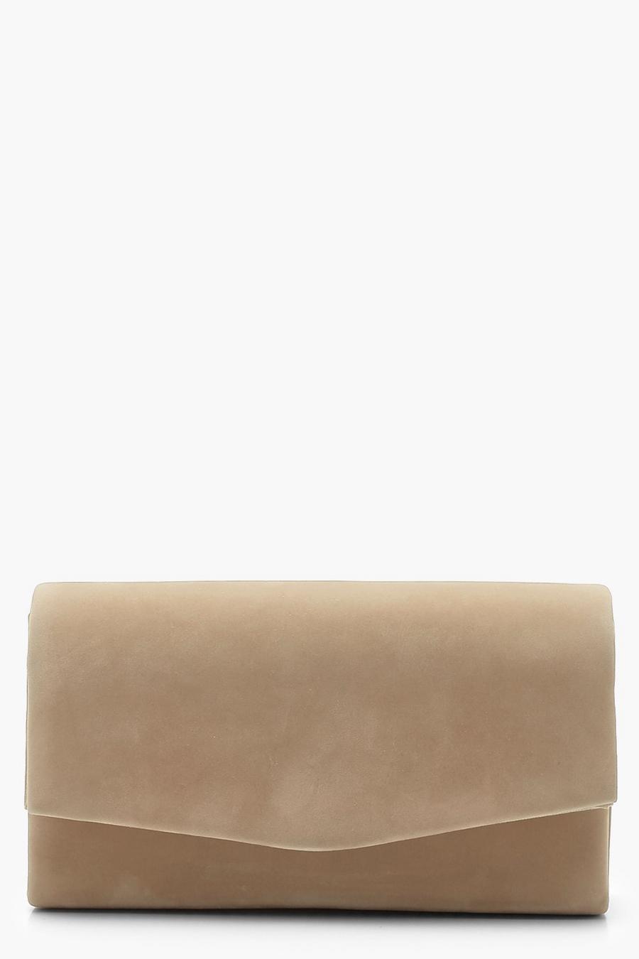 Strukturierte Wildleder-Clutch mit Kette, Taupe