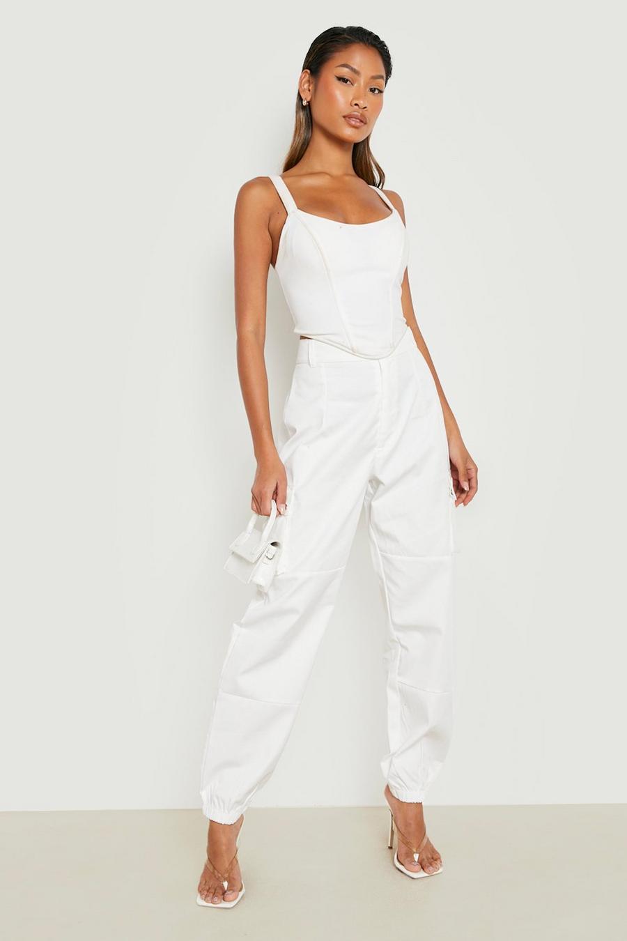 Cream white High Waisted Casual Woven Cargo Pants