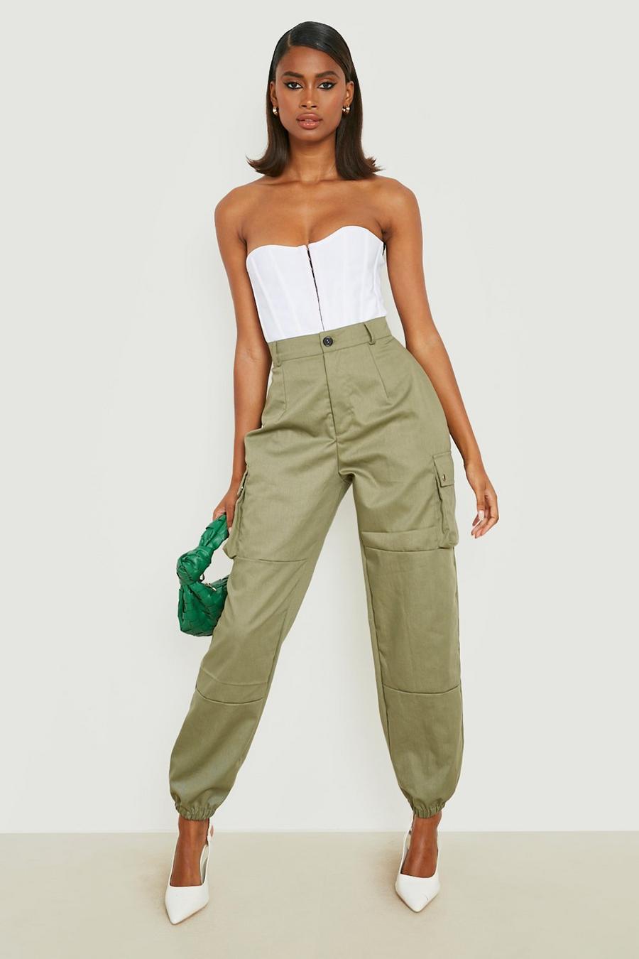 Khaki High Waisted Casual Woven Cargo Pants