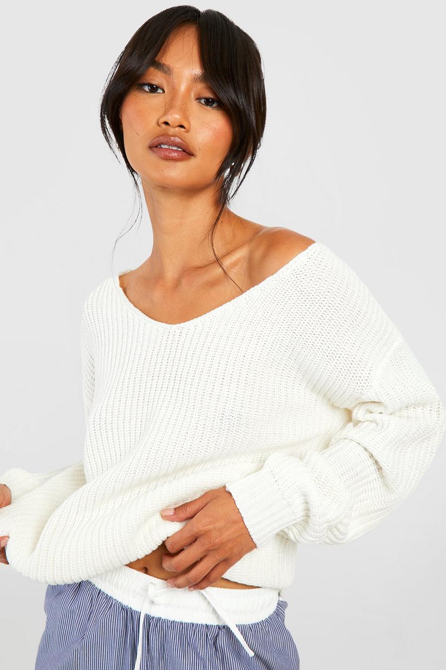 Cream Oversized V Neck Sweater