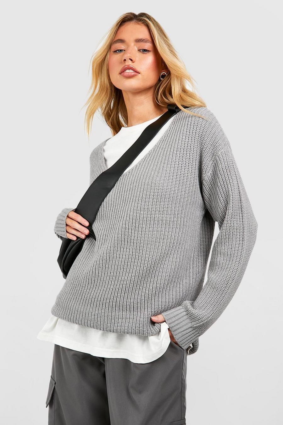 Oversize Pullover mit V-Ausschnitt, Silver