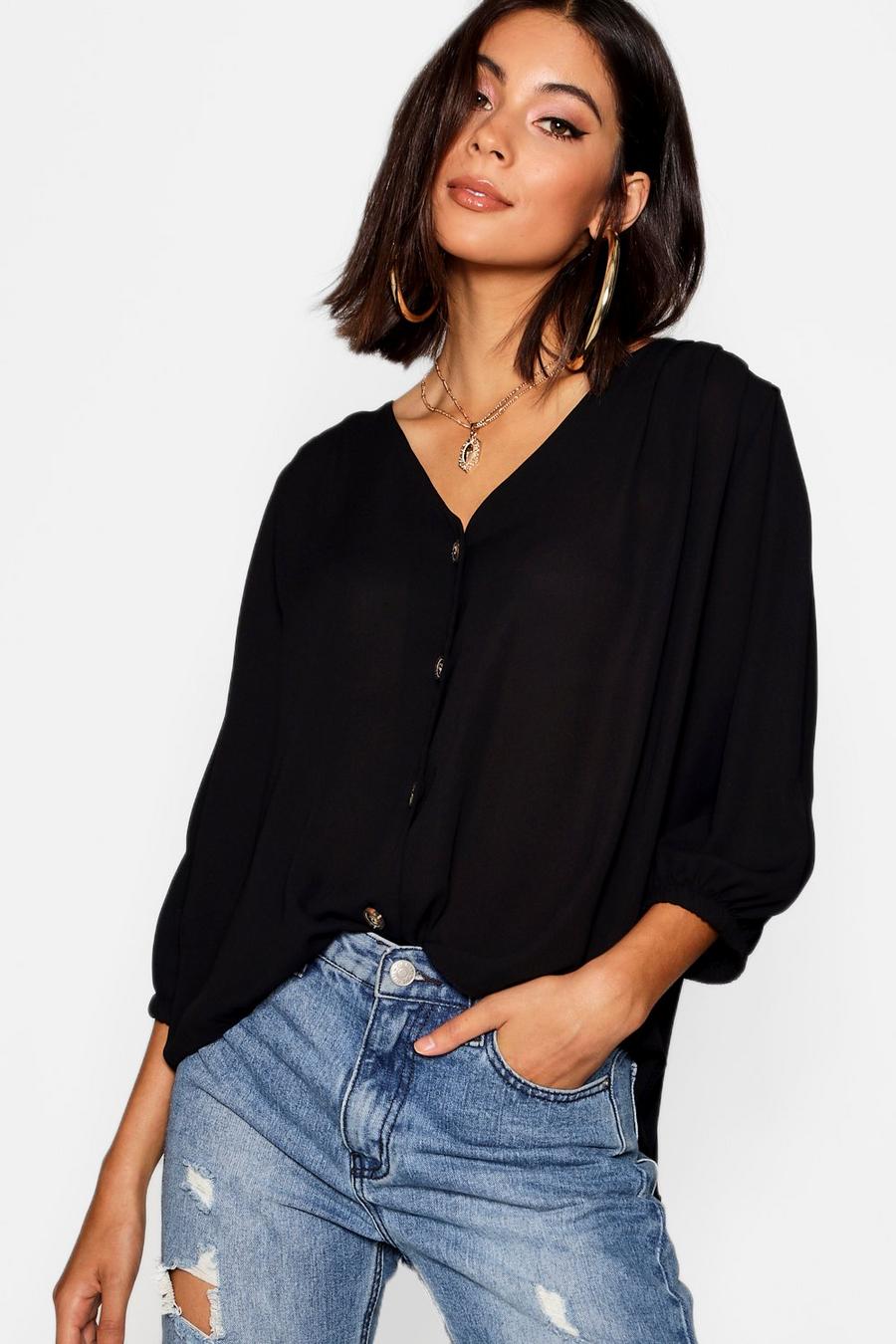 Zwart Geweven Blouse Met Hoornen Knopen