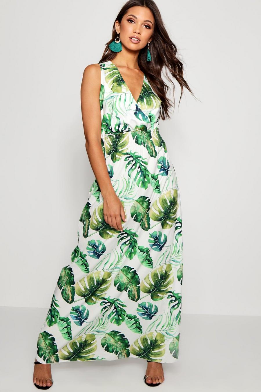 White Tropical Print Wrap Front Maxi Dress image number 1