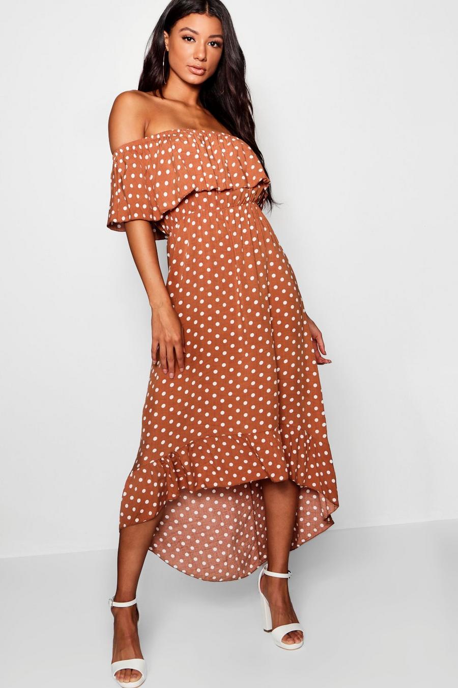 Chocolate Woven Polka Dot Print Off The Shoulder Maxi Dress image number 1