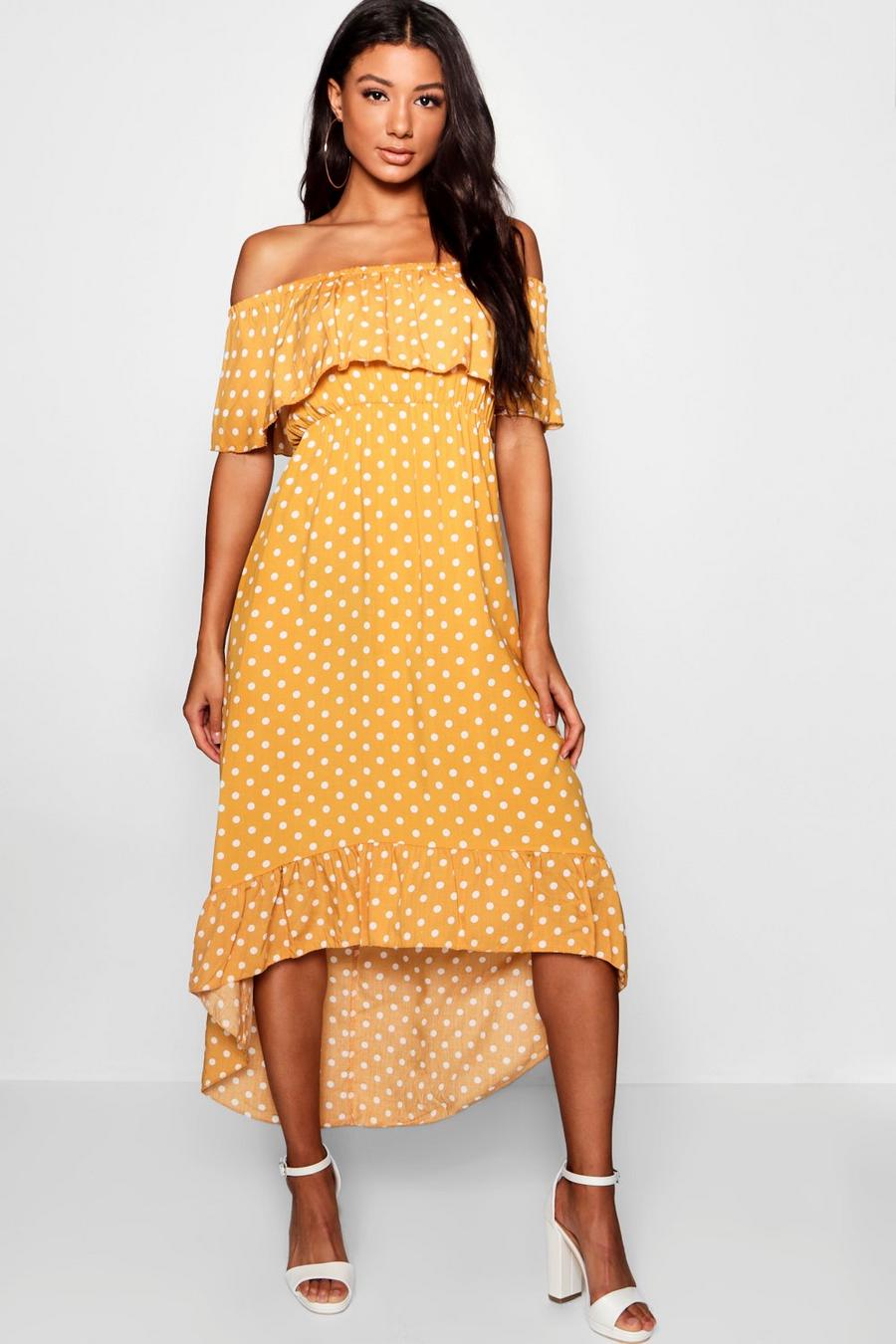 Mustard Woven Polka Dot Print Off The Shoulder Maxi Dress